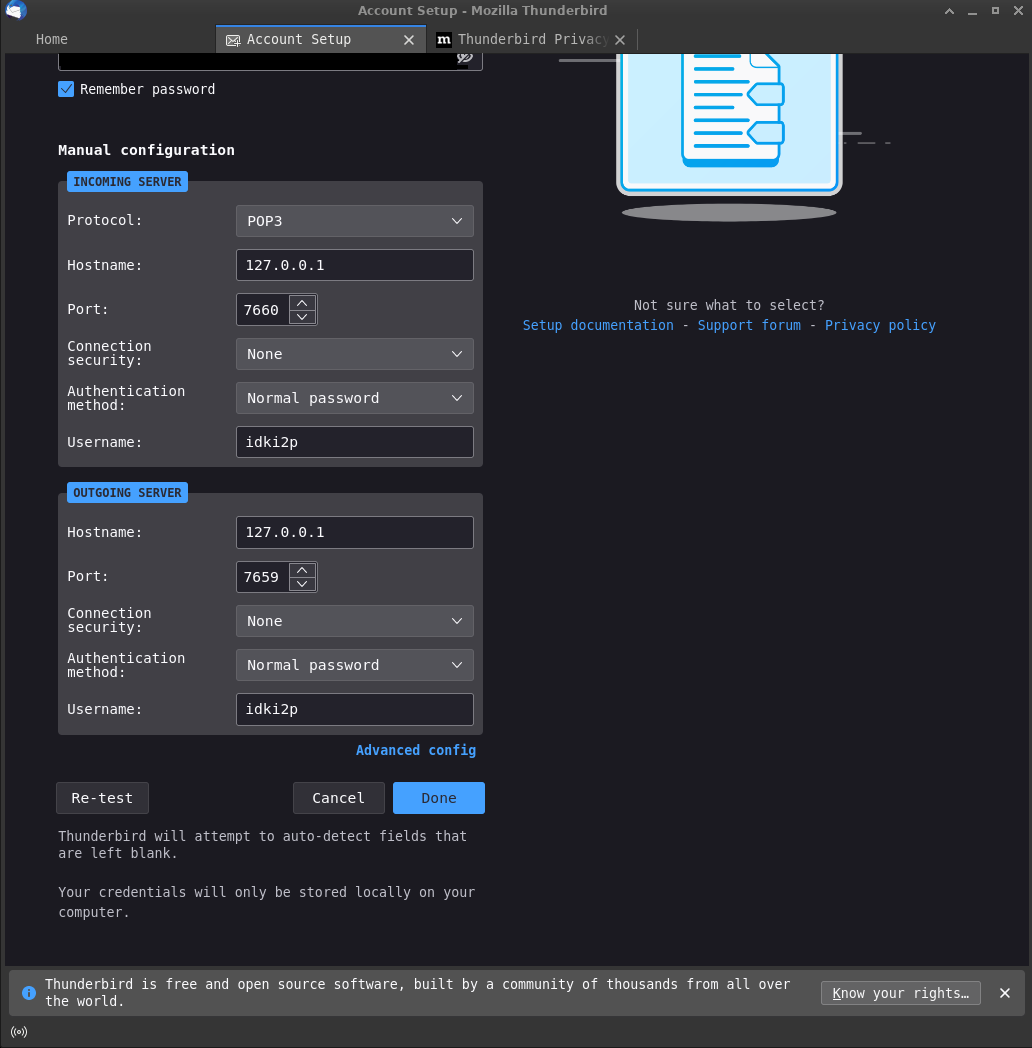 The second step is to manually enter the local tunnel information for POP and SMTP